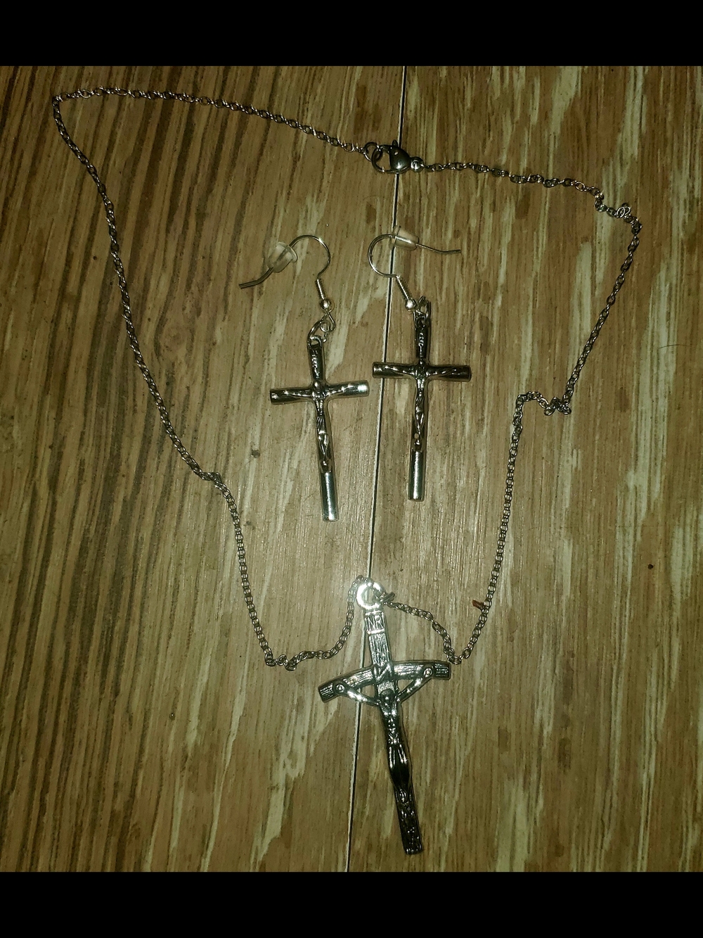 Handmade Silver Crucifix Cross Necklace and Earrings Set - Silver